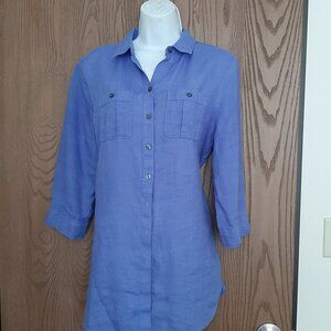 Chico's Blue Linen No Iron Two Pocket Button Down Shirt Size 0 Small 3/4 Sleeves